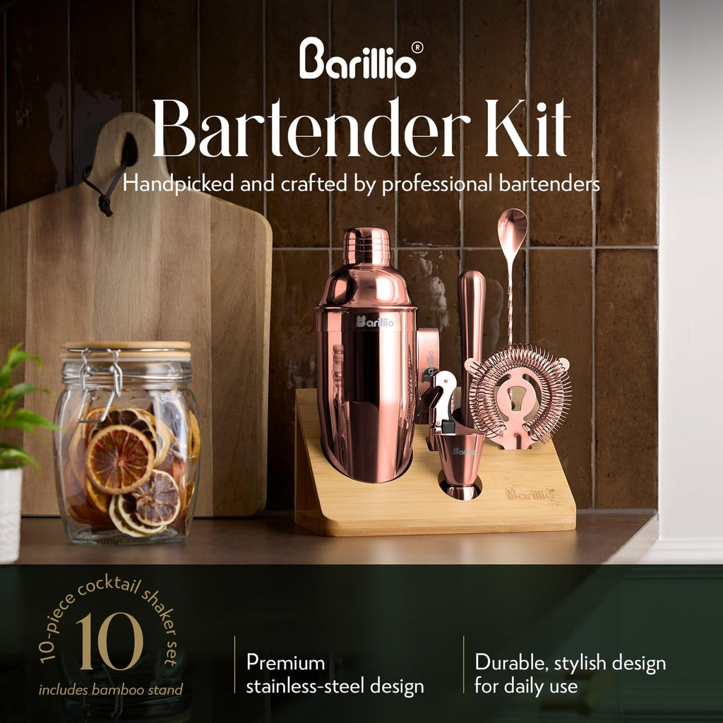 Rose Gold Bartender Kit - Stainless-Steel Cocktail Shaker Set w/Bamboo Stand - Mixology Bar Tools w/Shaker, Drink - Set of 6