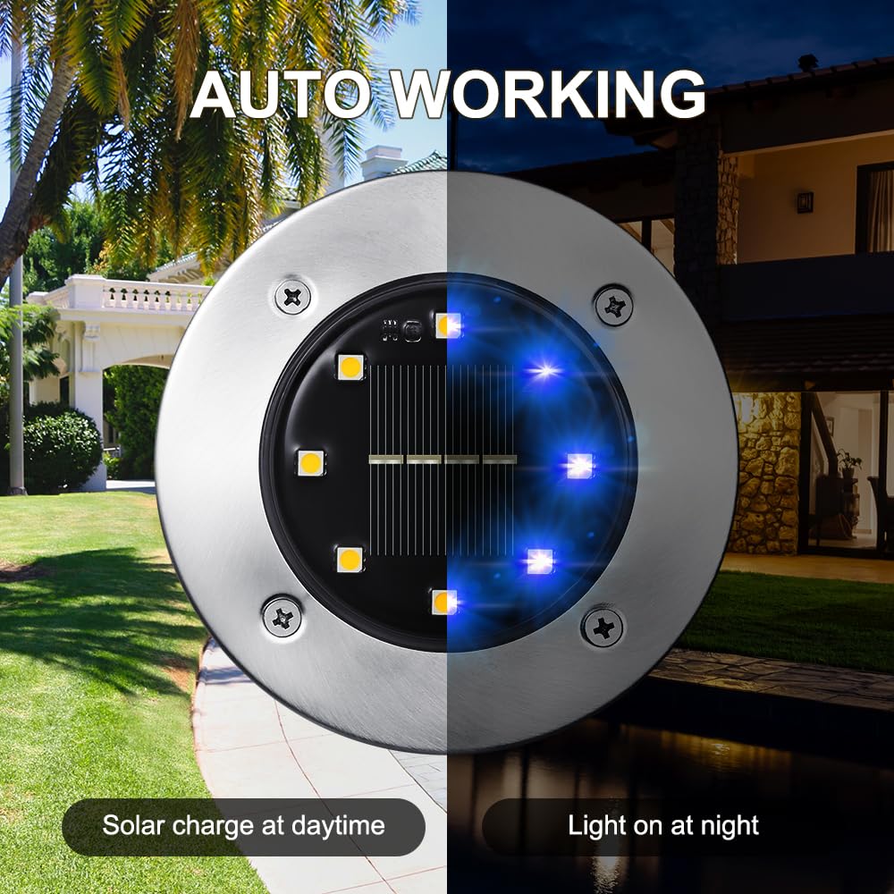 Solar Ground Lights Outdoor, 8 Pack 8 LED Solar Disk Lights Waterproof Garden In-ground Pathway Light Landscape