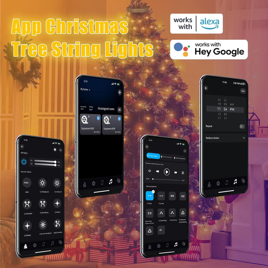 Smart Christmas Tree Lights with Ring, APP Control Music Sync 6.56Ft x 16 Lines String 400 LED Indoor Outdoor