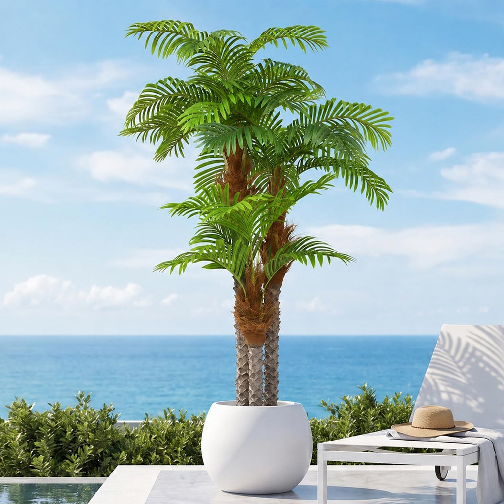 Artificial Palm Trees for Outdoors- 7.5ft Tall Triple Tropical Palm Artificial Tree, UV Resistant Fake Palm Plant