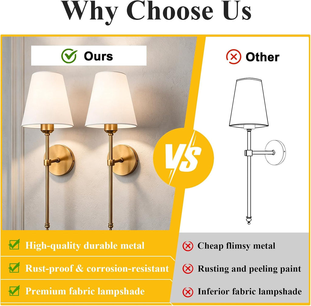 Wall Sconces Sets of 2, Hardwired Classic Brushed Brass Sconces Wall Lighting, Bathroom Vanity Light Fixture with