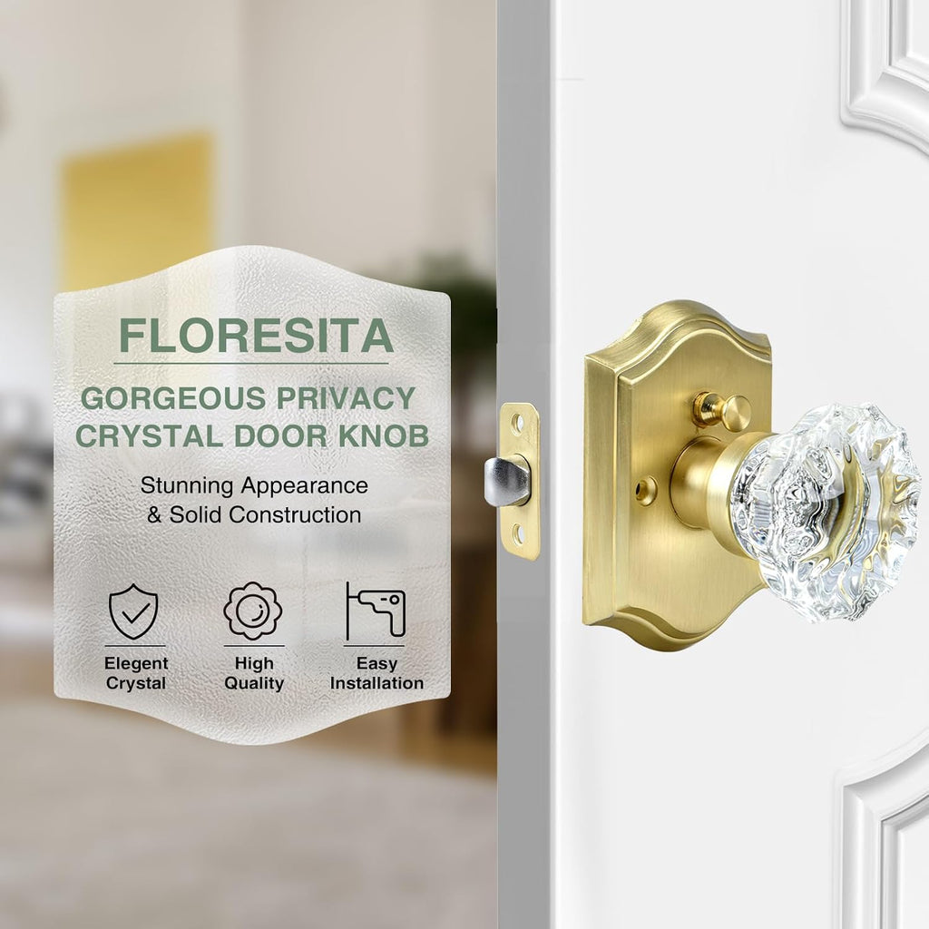 Crystal Door Knobs, Brushed Gold Glass Door Knobs Interior Rose Shape with Lock Privacy Function, Vintage Antique