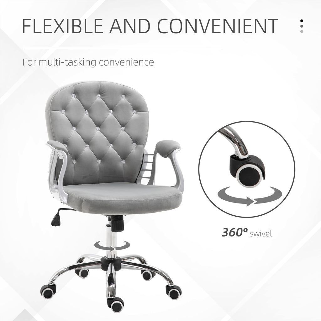 Velvet Home Office Chair Button Tufted Padded Armrests Gray