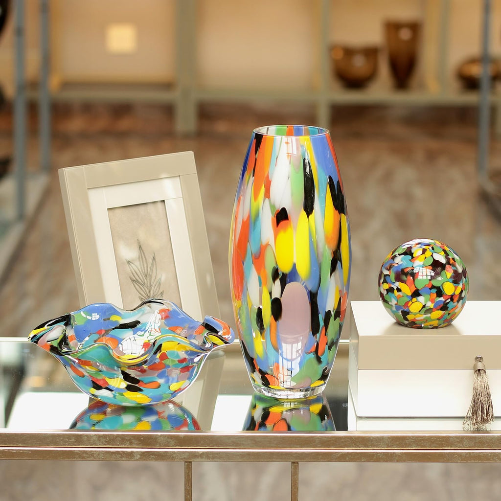 Murano Style Art Glass Vase Hand Blown Colorful Confetti Effect Home Decor