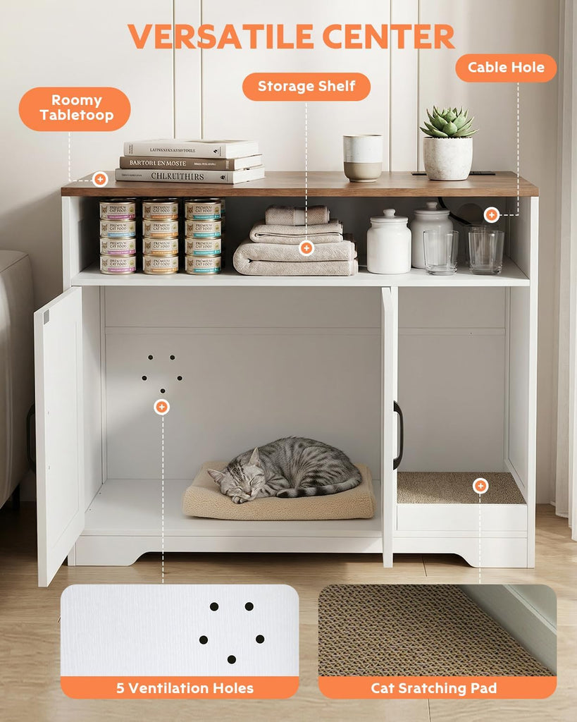 Cat Litter Box Enclosure Furniture with 2-Tier Storage, Hidden Cat Litter Box Cabinet with Scratch Pad & Charging