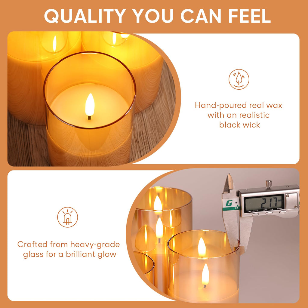 Gold Glass Flameless Pillar Candles with Remote, Flickering Fall LED Candles Battery Operated Set of 3