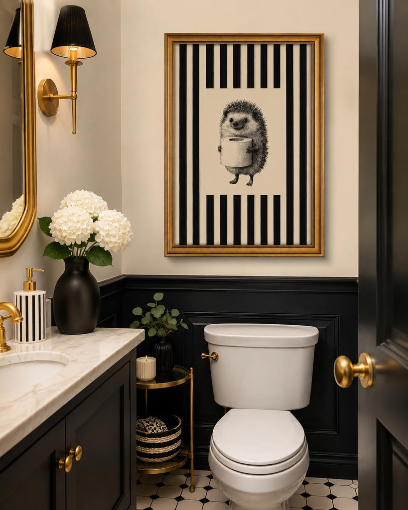 Gold Framed Wall Art, Funny Bathroom Hedgehog Canvas Prints, Vintage Hedgehog Holding Toilet Roll Picture Wall Decor