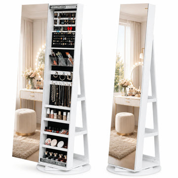 360° Swivel Jewelry Armoire with Full-Length Mirror and Sliding Door, Standing Jewelry Cabinet with 3 Rear Shelves
