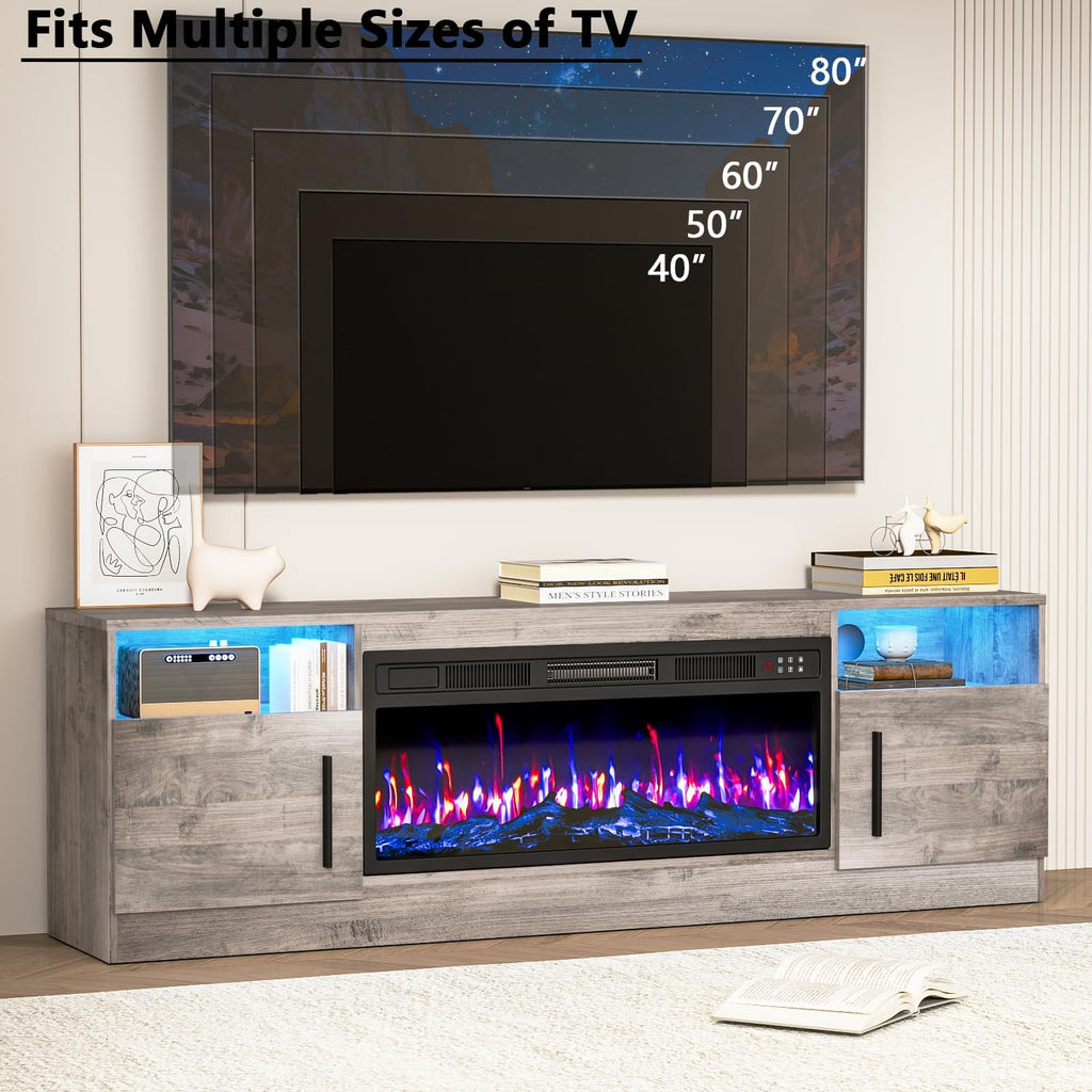 Fireplace TV Stand with 36" Fireplace Up to 80" TVs, 70" Entertainment Center with LED Lights, Remote Control, TV