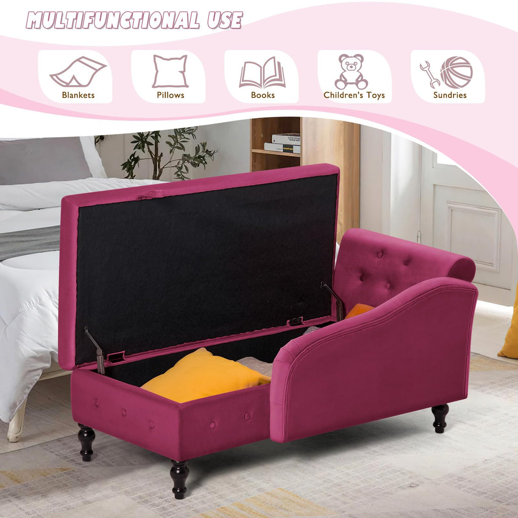 Velvet Chaise Lounge w/Left Armrest & Storage Space, Fuchsia