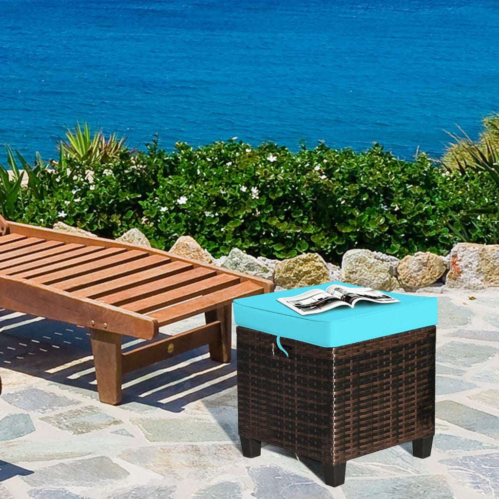 2pcs Patio Ottoman Set Outdoor Rattan Wicker Ottoman Seat with Removable Cushions Patio Furniture Footstool Footrest