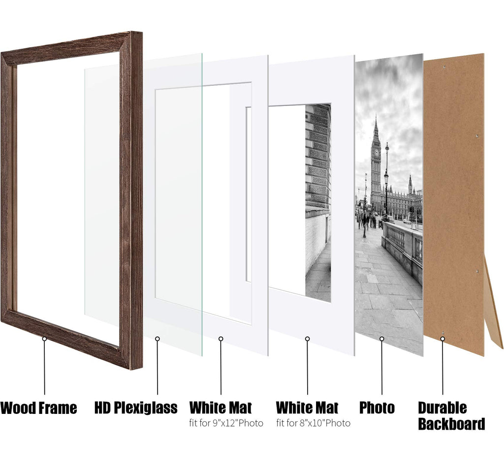 Rustic Solid Wood Distressed Brown Farmhouse Picture Frame - 11x14 with 2 Mats for Wall Mounting or Table Top