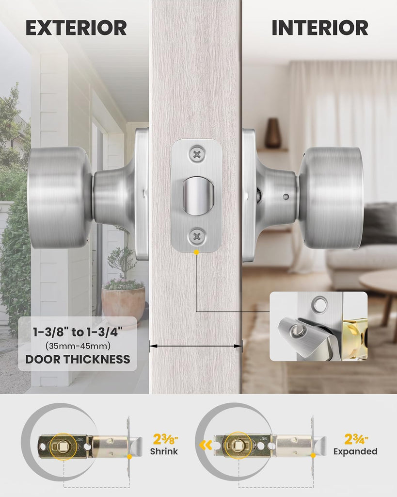 Brushed Nickel Door Knob Interior, Passage Door Knobs 2 Pack