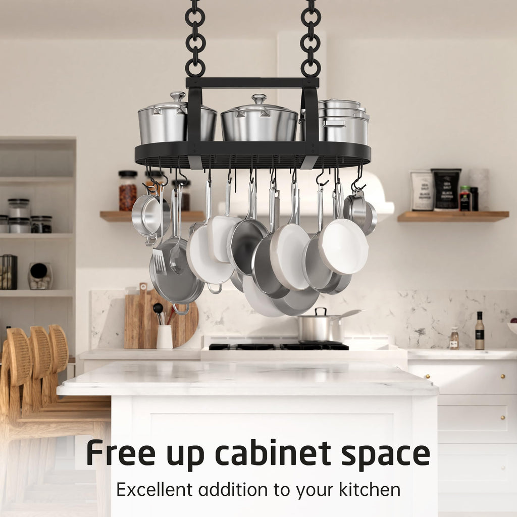 Ceiling Pot Rack 34-Inch Hanging Pot Rack Oval Pot and Pan Rack Matte Black Pot Hanger with 20 S Hooks (For 16"