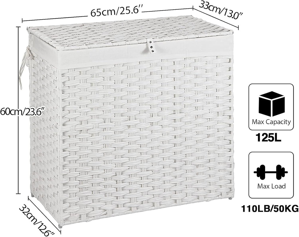 Laundry Hamper with Lid, 125L Large Clothes Hamper with 3 Section & 2 Section Removable Liner Bags & 5 Mesh Laundry