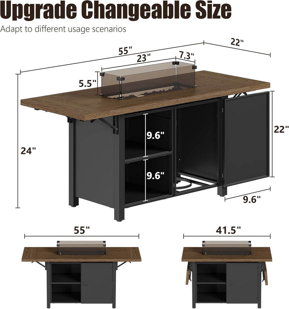 55" Propane Fire Pit Table,50000btu Gas Fire Pit Table with Brown Windshield & Lava Rock,2 in 1 Foldable Expansion