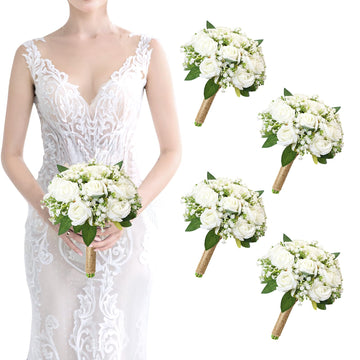 Set of 4 Bridesmaid Bouquet White Wedding Flowers Bouquets - Artificial Rose and Baby's Breath Rustic Small Floral