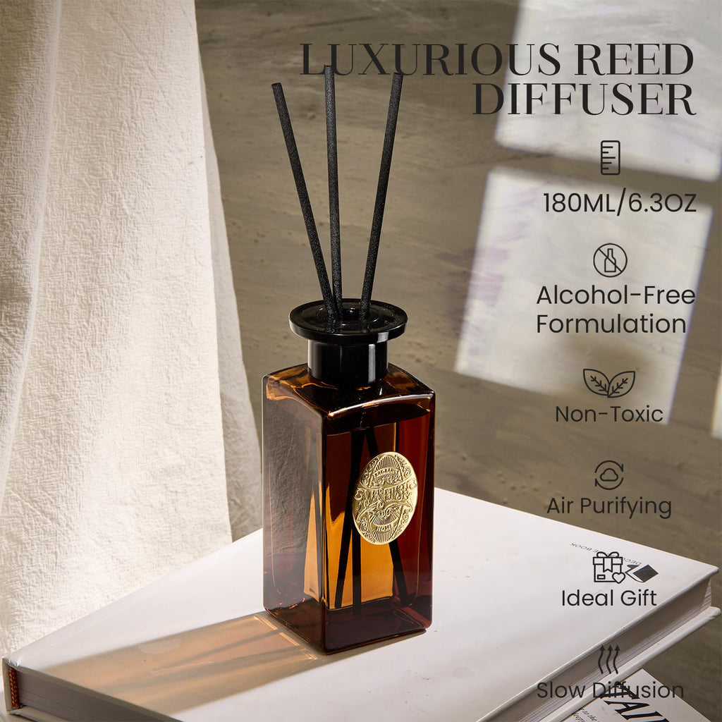 6.3 oz Large Reed Diffuser Set | Tobacco Teakwood Scent Oil Diffuser with Sticks | Hotel Collection Non-Toxic