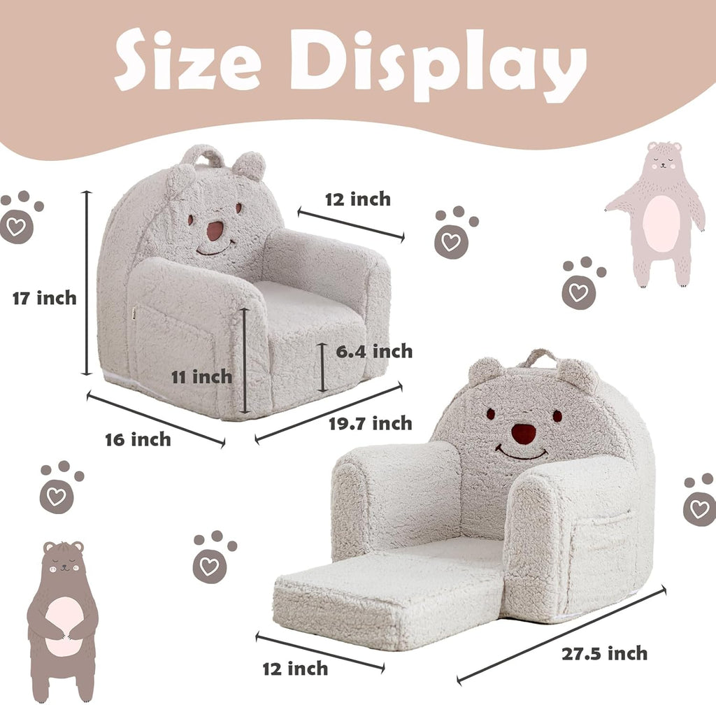 Kids Chair, Sherpa Bear Fold-Out Convertible Kids Couch, Grey