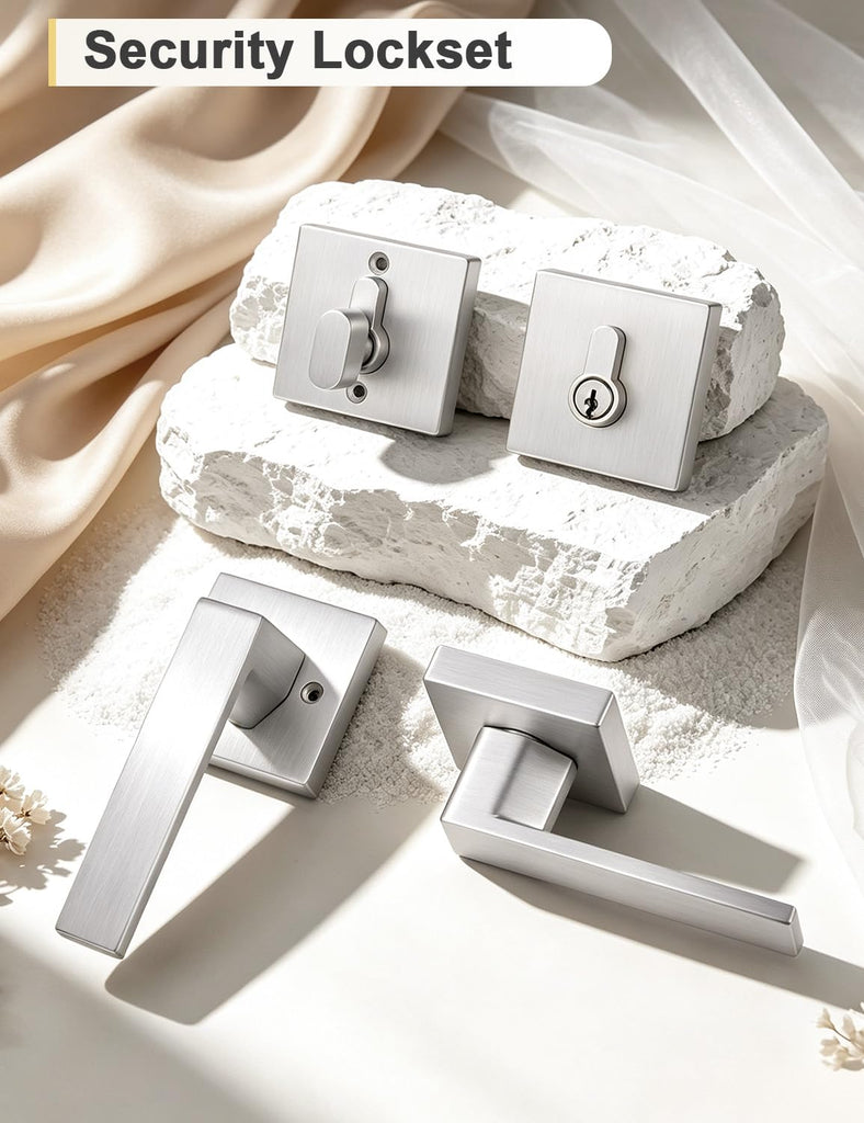 3 Pack Brushed Nickel Passage Door Lever with Single Cylinder Deadbolt, Exterior Square Door Handle with Deadbolt