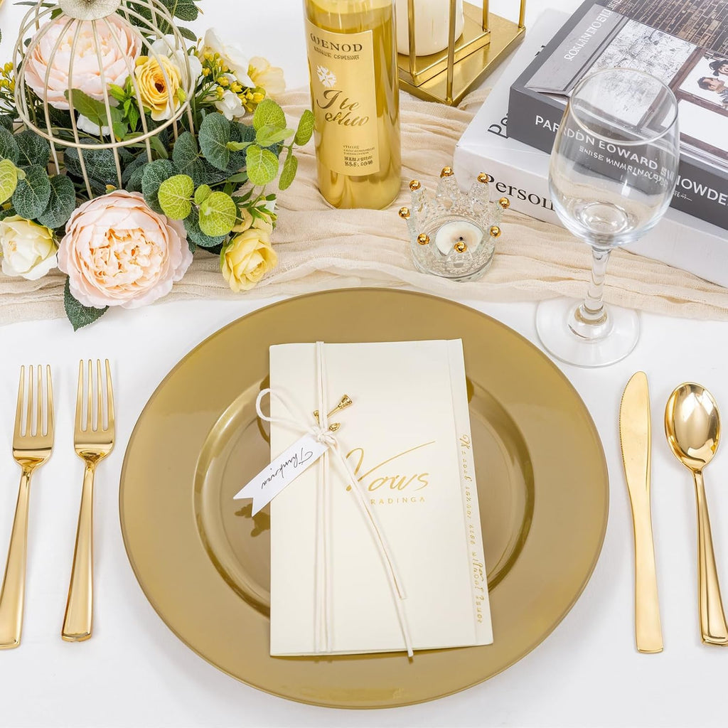 12Inch Plastic Charger Plates - 25Pack Gold Charge for Dinner - Disposable Gold Charge Plates - Set of 25