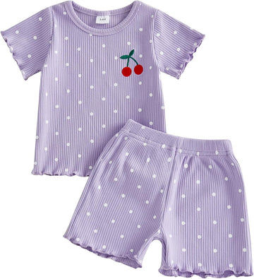 Toddler Baby Girl Summer Outfits Polka Dot Print Ribbed Knit Short Sleeves T-Shirt Tops + Shorts 2Pcs Clothes Set