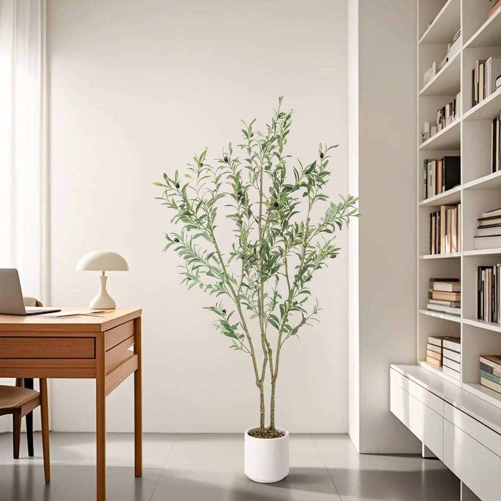 Fake Olive Tree 5FT Tall 1Pack with White Planter Decor