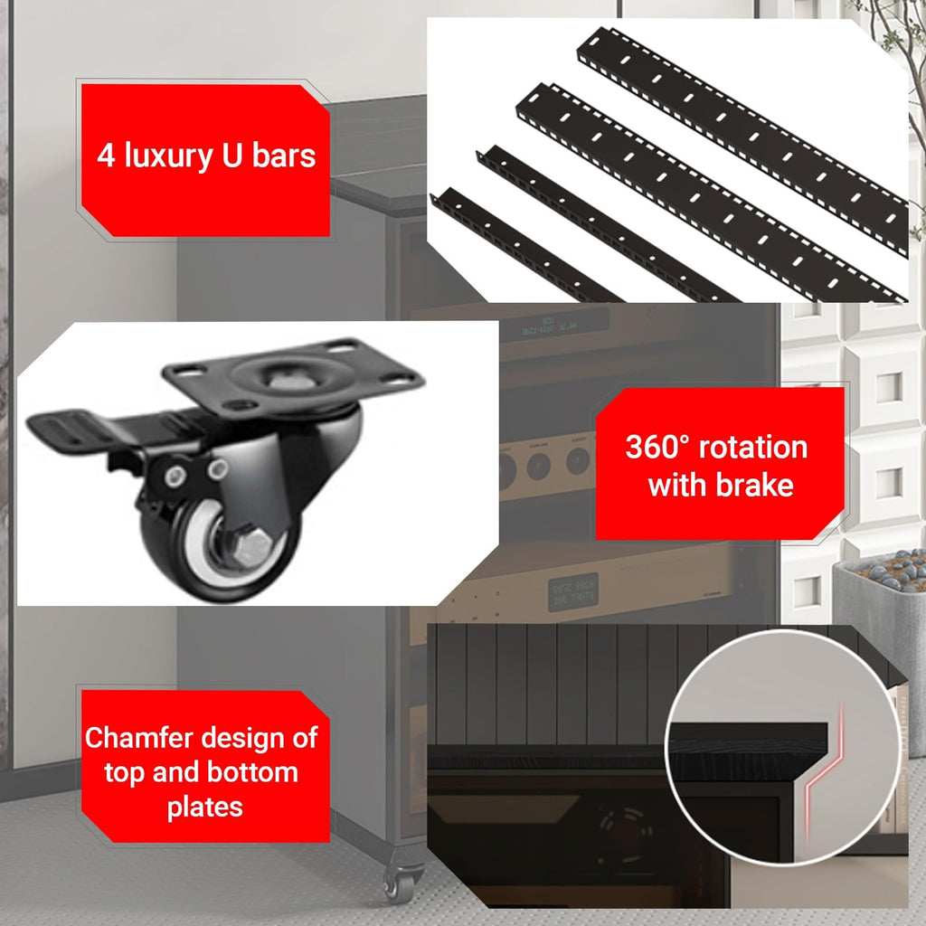 AV Stereo Media Solid Wood Storage Cabinet Adjustable Shelves, Movable AV Equipment Cabinet Display Stand with Cooling