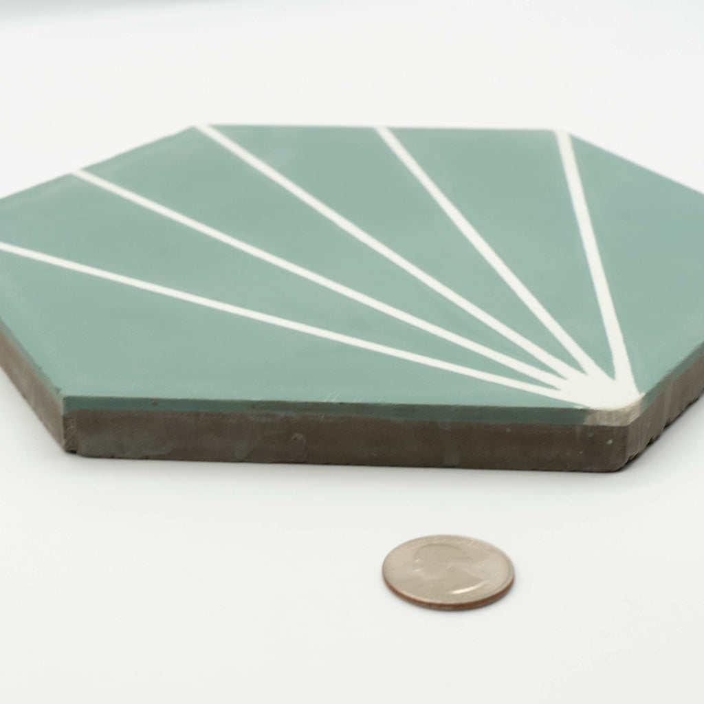 Menara Hexagon Handmade Cement Tiles, Pack of 12, Green and White Lines