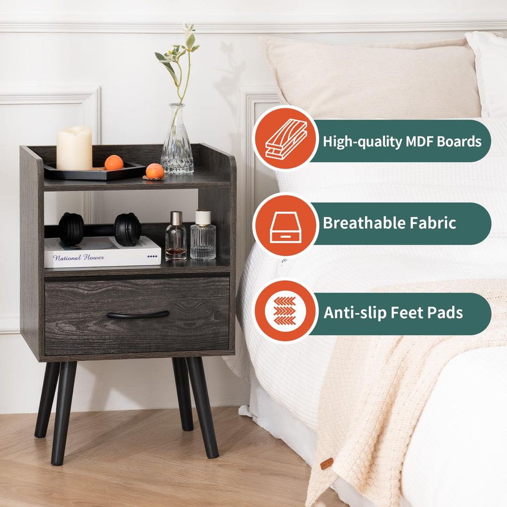 Night Stand with Fabric Drawer, Modern Nightstand, Bedside Tables, Mid Century Nightstands with Open Storage Shelf
