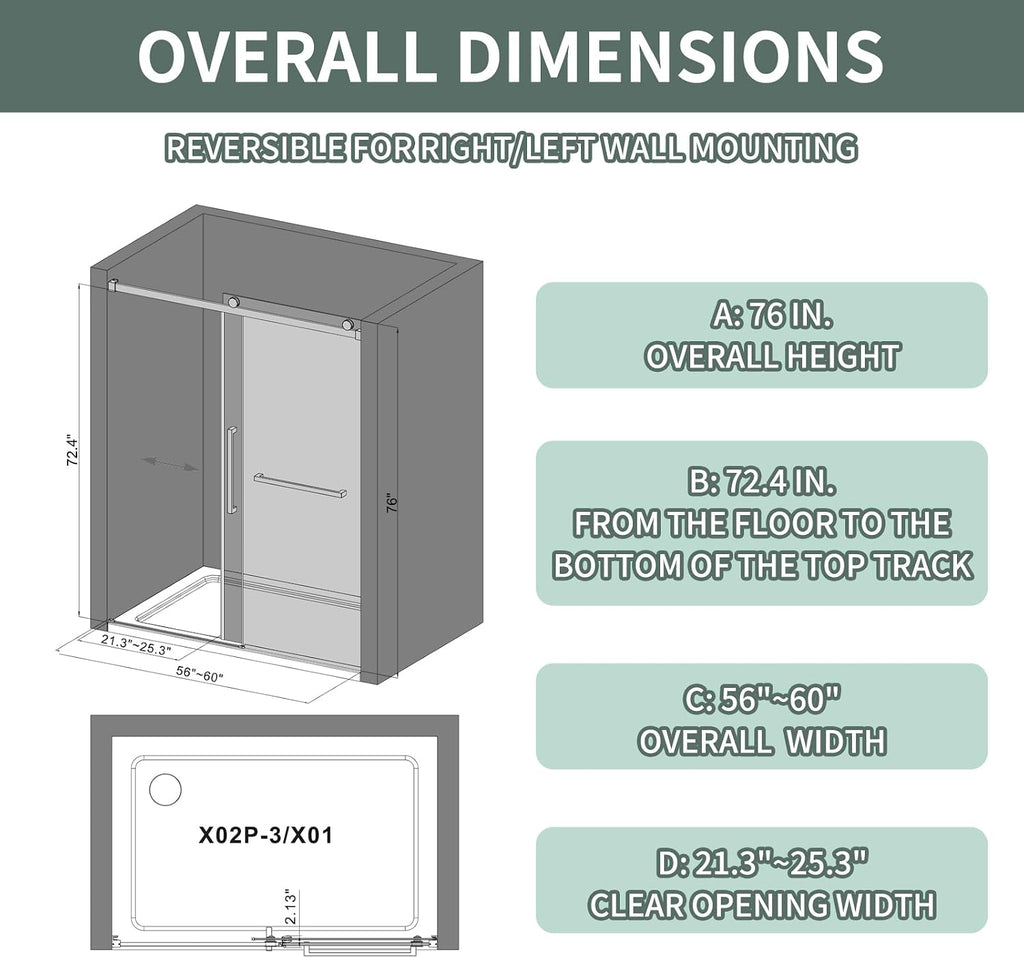 Shower Door with 5/16"(8mm) SGCC Tempered Glass, 56-60" W x 74" H Frameless Sliding Shower Door