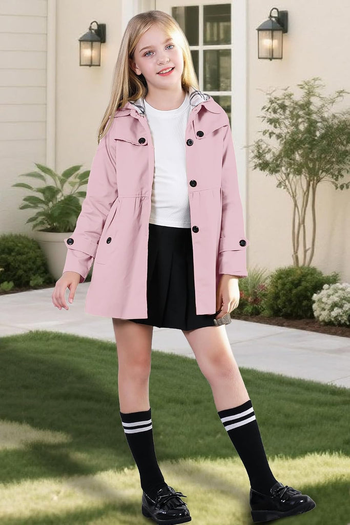 Girl's Single Breasted Trench Coat Hooded Dress Coat Outerwear