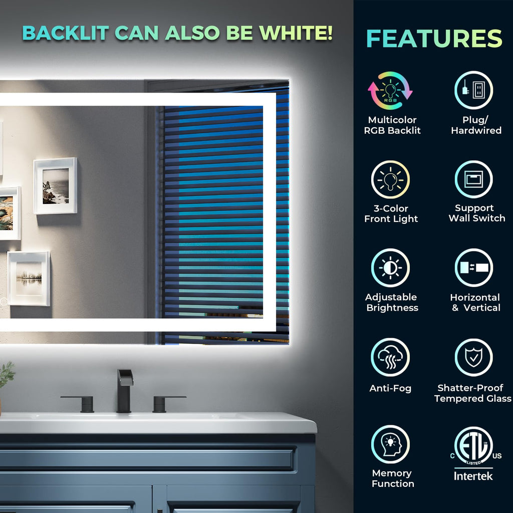 51x40 LED Bathroom Mirror with Lights, RGB Backlit Lighted Mirror