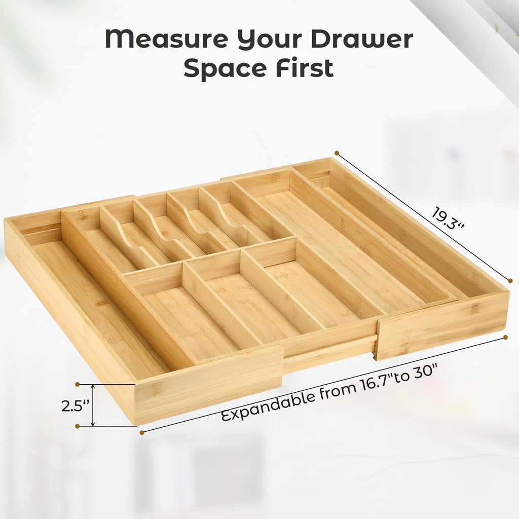Silverware Organizer for Cabinet Drawer, Expandable from 16.7'' to 30'' Wide Bamboo Wood Flatware Tray for Large