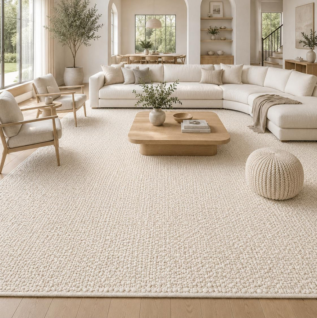 Handwoven Wool Area Rug - Hand Woven Natural Rugs- (Ivory- 10'x14')