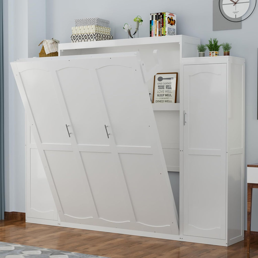 Full Vertical Murphy Bed with Wardrobe,Cabinet,and Storage Shelves,Wood Foldable Hidden Murphy Wall Bed for Adults