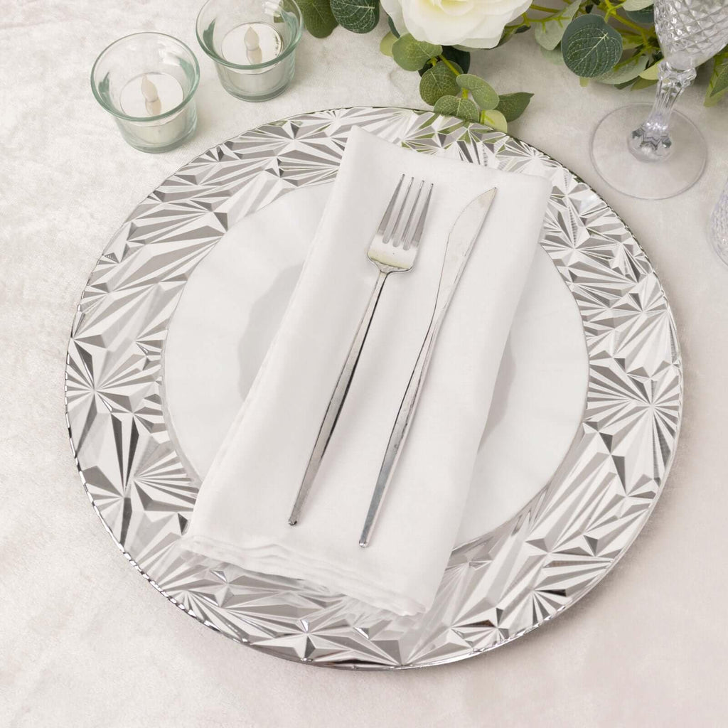 12-Pack Acrylic Charger Plates, Round 13" Metallic Silver Rock Cut Design with Beaded Rim - Decorative Dinner Serving