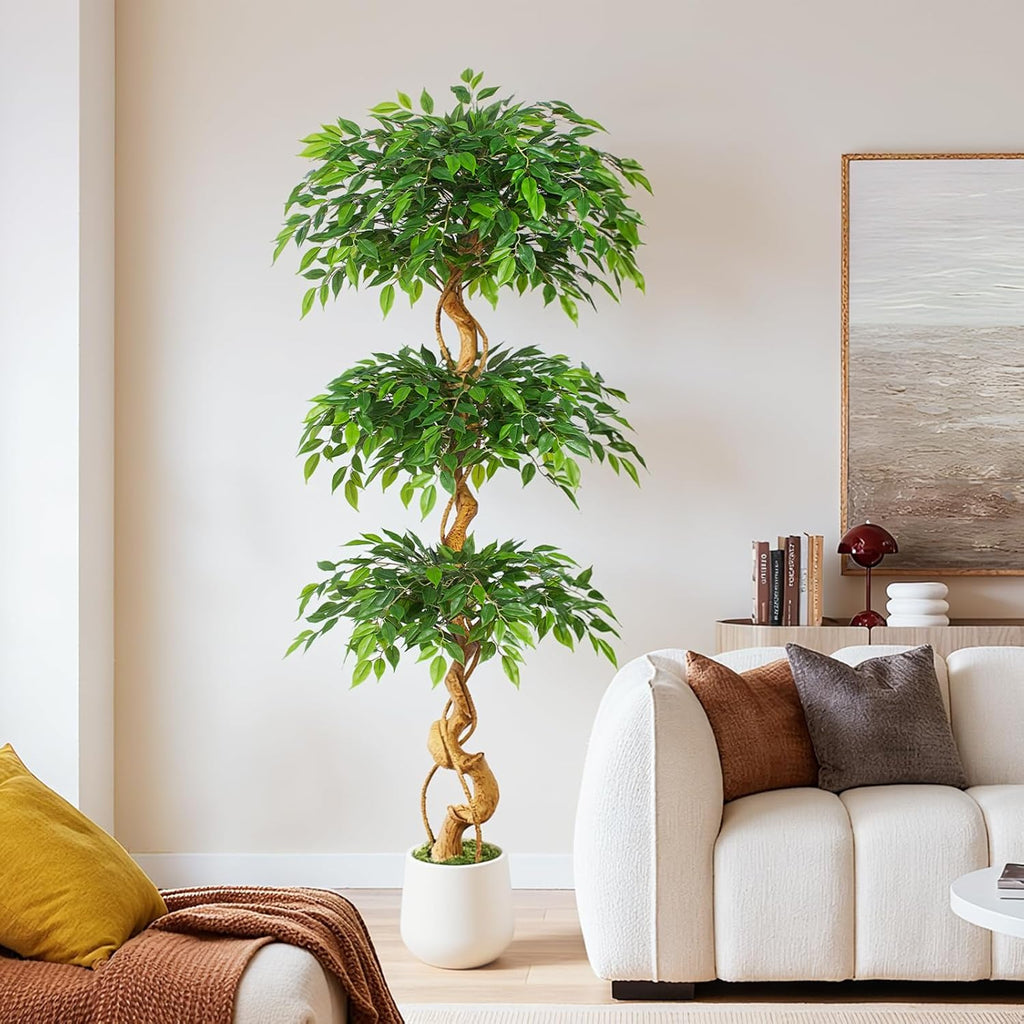6ft Large Ficus Artificial Trees in White Pot, 72" Tall Fake Silk Tree with Natural Curved Trunk, Lush Faux Ficus