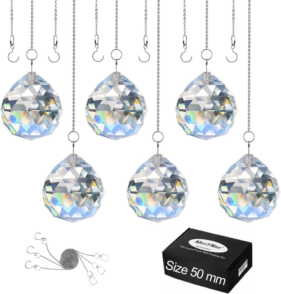 Clear Crystal Sun Catcher Suncatcher Prism Ball with Metal Chains - 6 Pack, 2"/50mm, Rainbow Pendant Maker