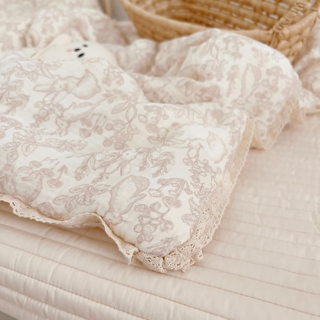 Cotton Muslin Blanket for Toddler Girls Boys Rabbit Pattern Baby Quilted Blanket Lightweight Soft Toddler Comforter