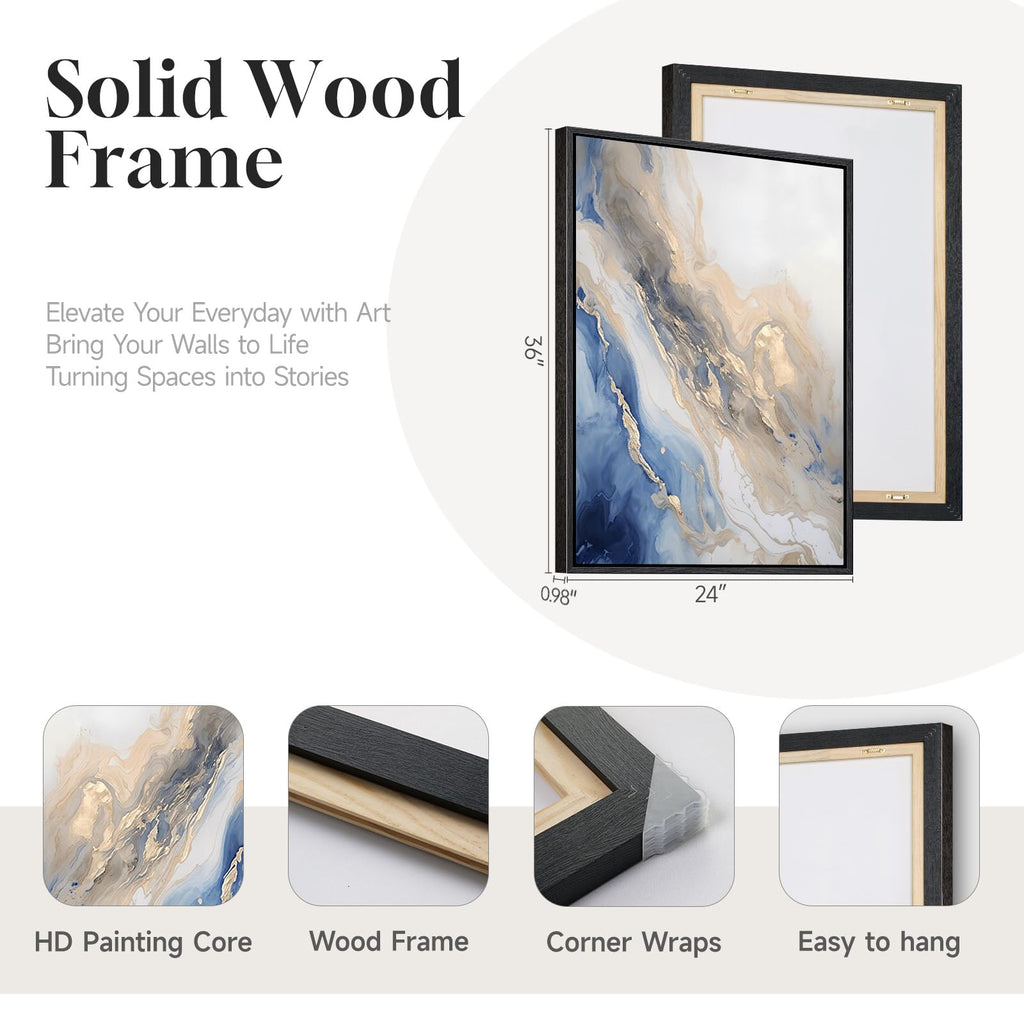 Large Framed Abstract Blue and Gold Wall Art, 24x36 Inch