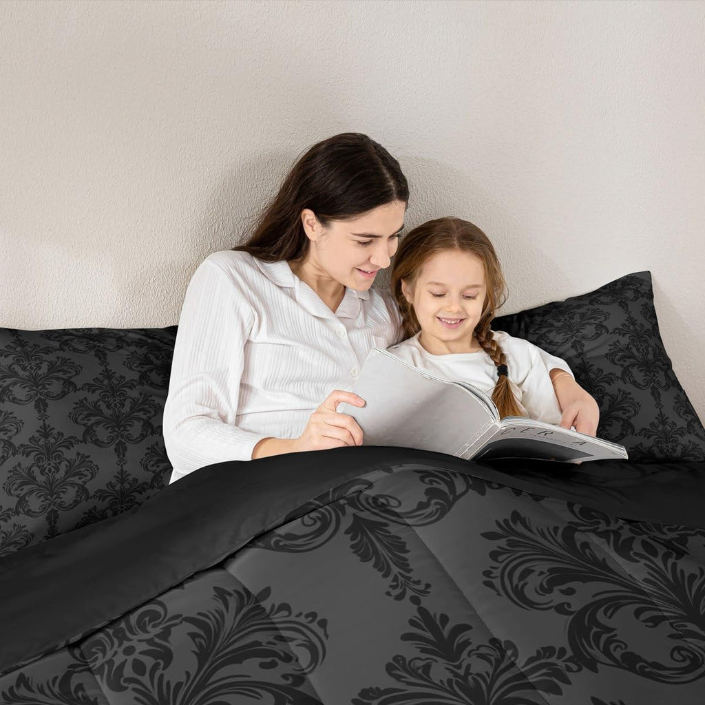 Black Damask Comforter Set, Gothic Vintage Damask Floral Bedding Set 2pcs, Antique Victorian Baroque Down