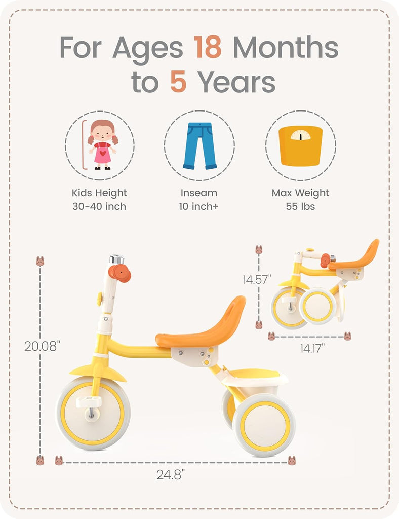 Toddler Tricycle with Bell, Kids Tricycle Age 18 Months to 5 Years, Kids Trike, Toddler Bike for 1.5-5 Year Olds