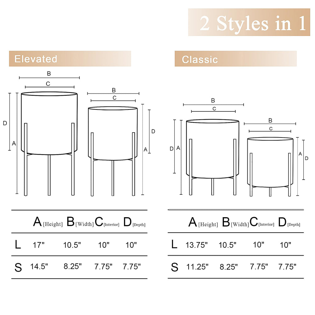 Plants Pots with Stand, Set of 2 Indoor Planter Pots, Unique Mid Century Decorative Metal Flower Pots with