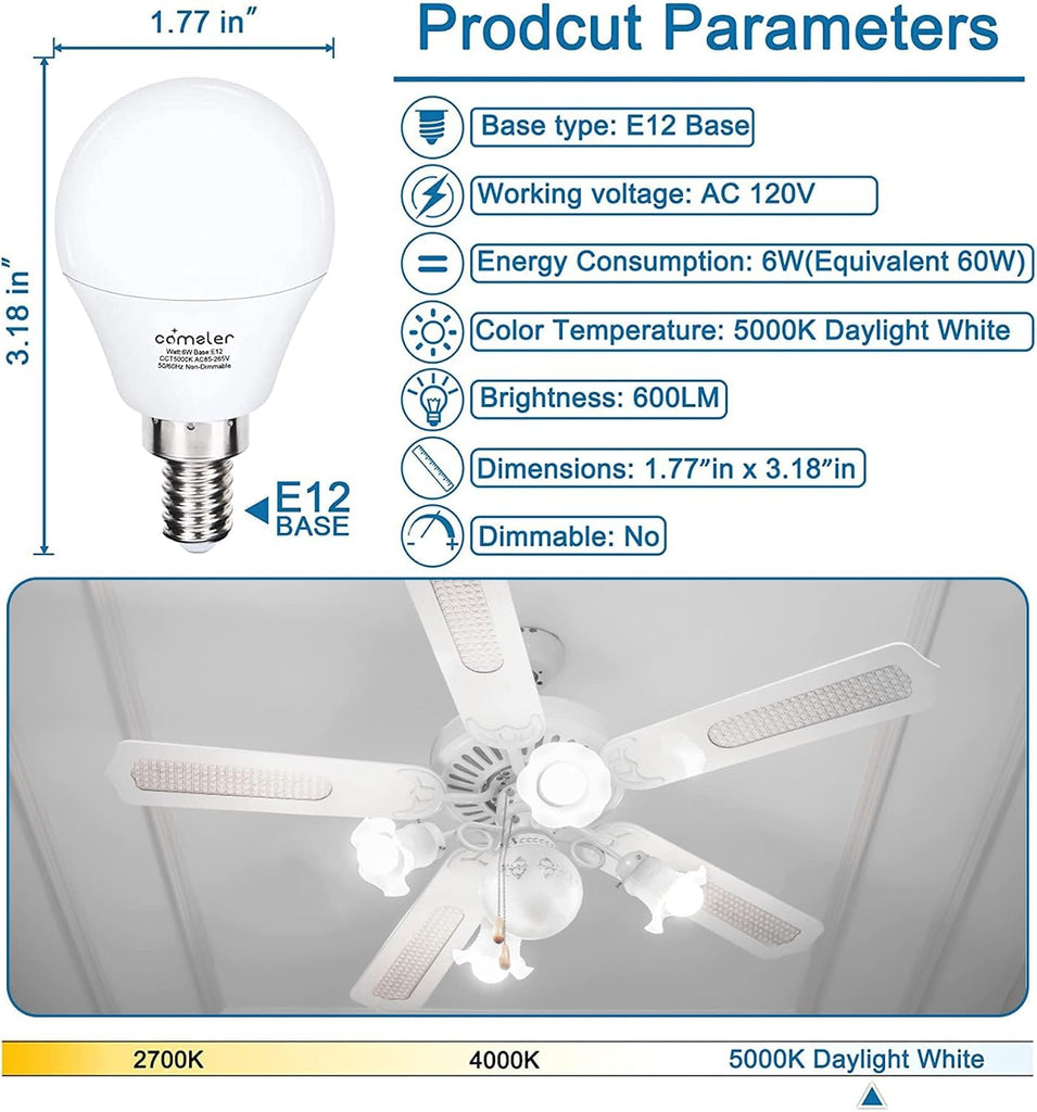 12 Pack E12 Ceiling Fan LED Light Bulbs 60W Equivalent 5000K Daylight