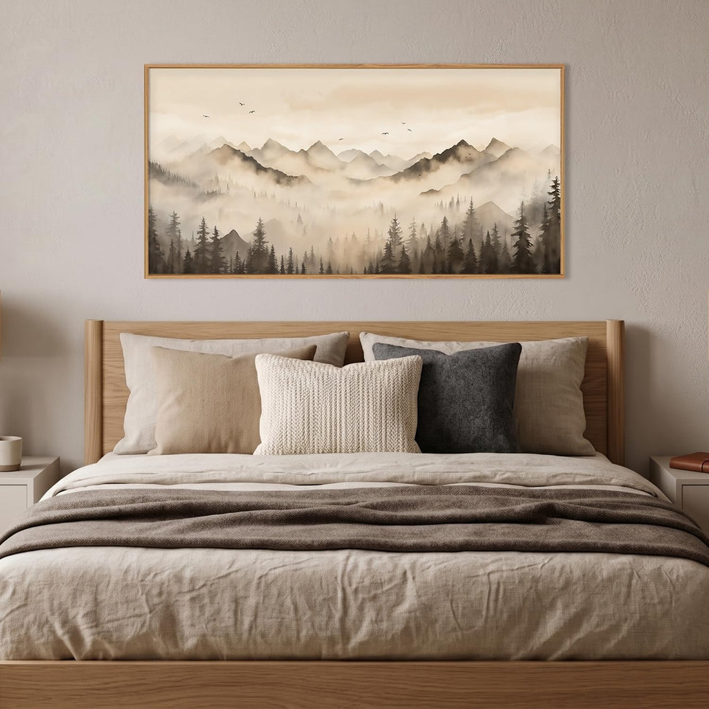 Neutral Misty Mountain Forest Framed Canvas Wall Art Set,Nature Foggy Pine Tree Landscape Wall Decor,Watercolor Beige