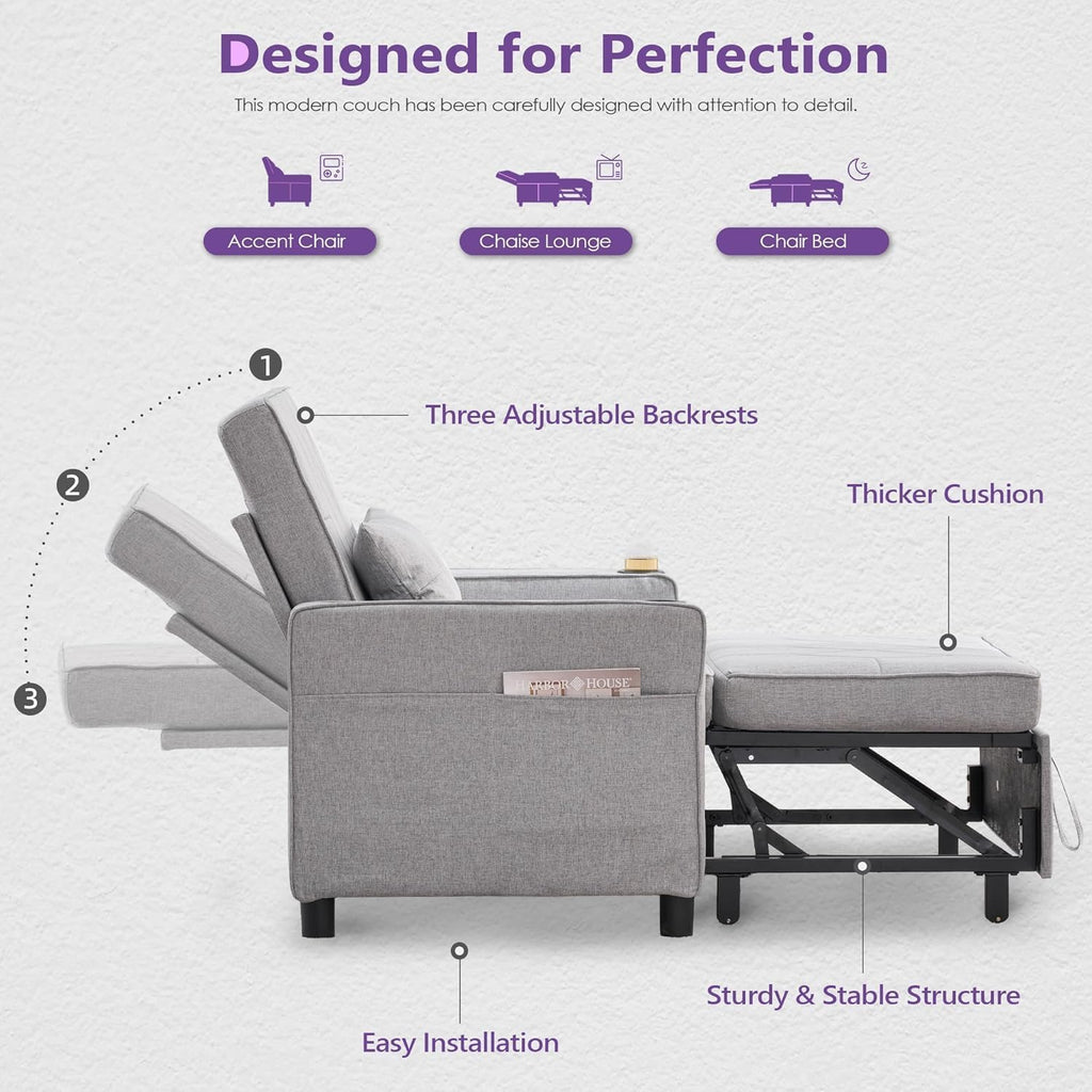 Convertible Sleeper Chair for Adults, Single Pull Out Couch Bed, Grey | , 3-in-1, USB/Type-C Ports, Cup Holders, Side