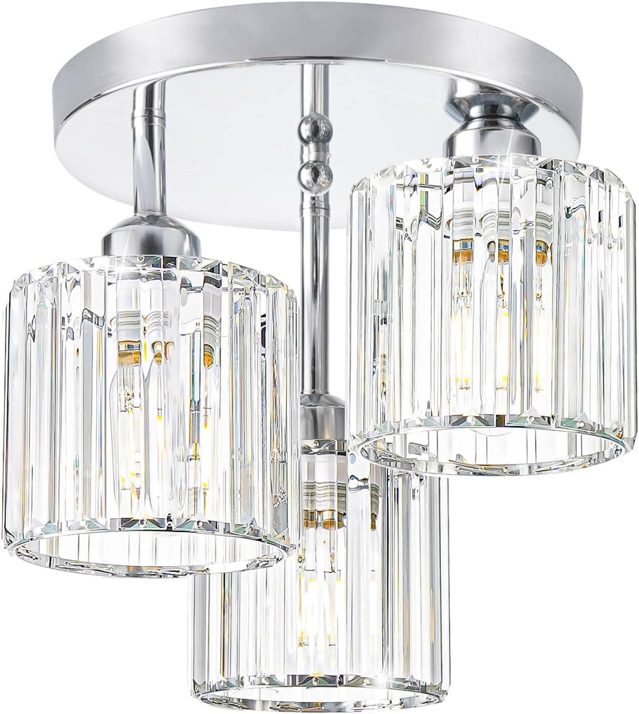 Crystal Ceiling Light Fixture, Chrome Semi Flush Mount Ceiling Light Fixture, 3-Light Hallway Lighting with Clear