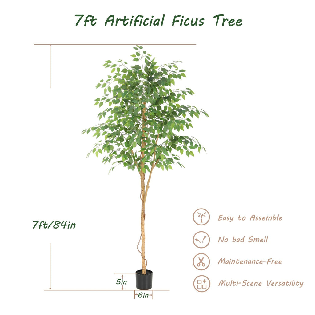 7ft Faux Ficus Tree with Real Wood Trunk, 84in Fake Ficus Tree with Lifelike Leaves, Ficus Tree Artificial Bedroom