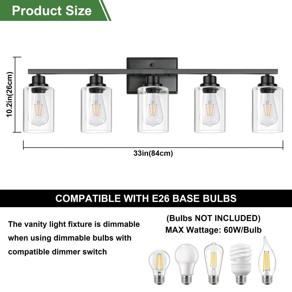 5-Light Bathroom Light Fixtures, 33 Inch Vanity Lights with Clear Glass Shade, Modern Black Finish Wall Light for